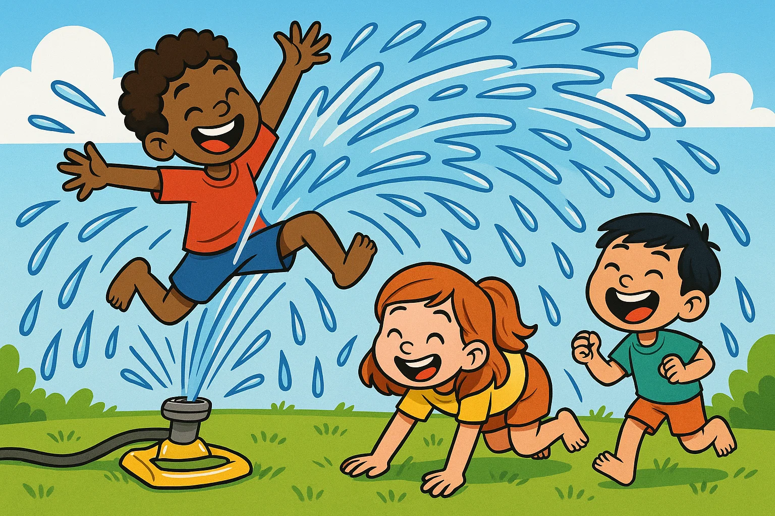 Cartoon kids joyfully playing creative games (jumping, crawling) in the arc of a backyard sprinkler.