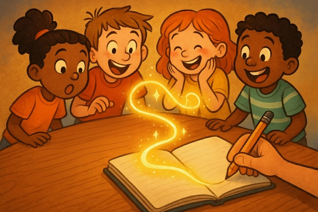 Whimsical cartoon of children rolling oversized story dice to create an imaginative story and develop narrative skills. Whimsical cartoon of children rolling oversized story dice to create an imaginative story and develop narrative skills.