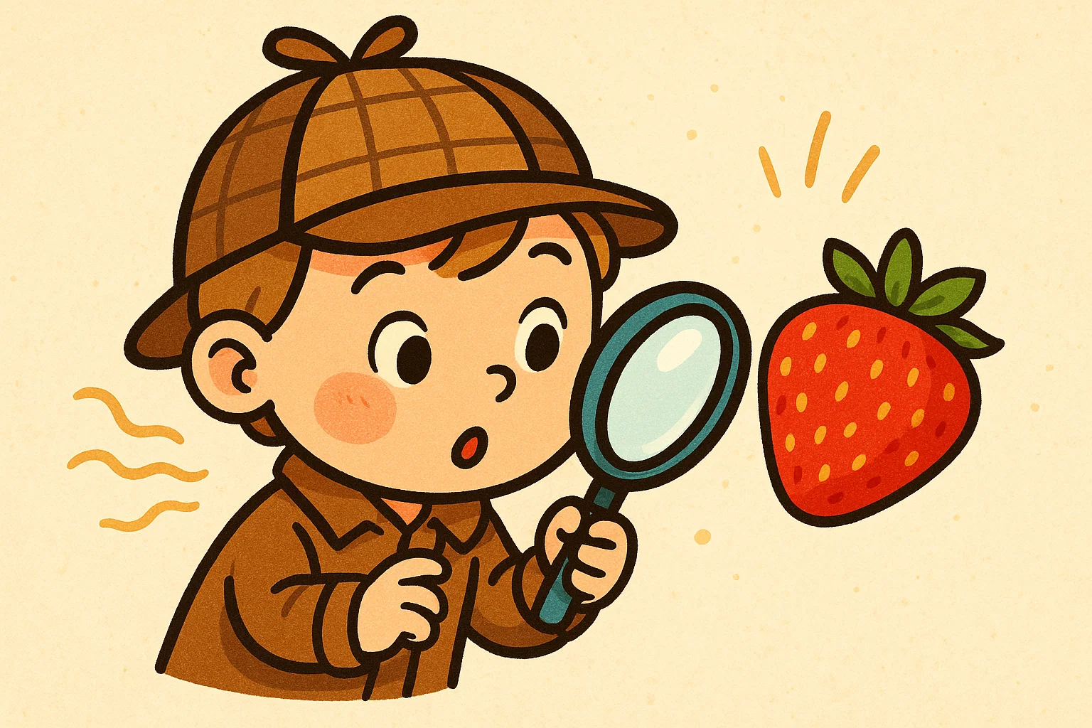Cartoon of a child dressed as a detective, using a magnifying glass to explore a piece of fruit for taste education.