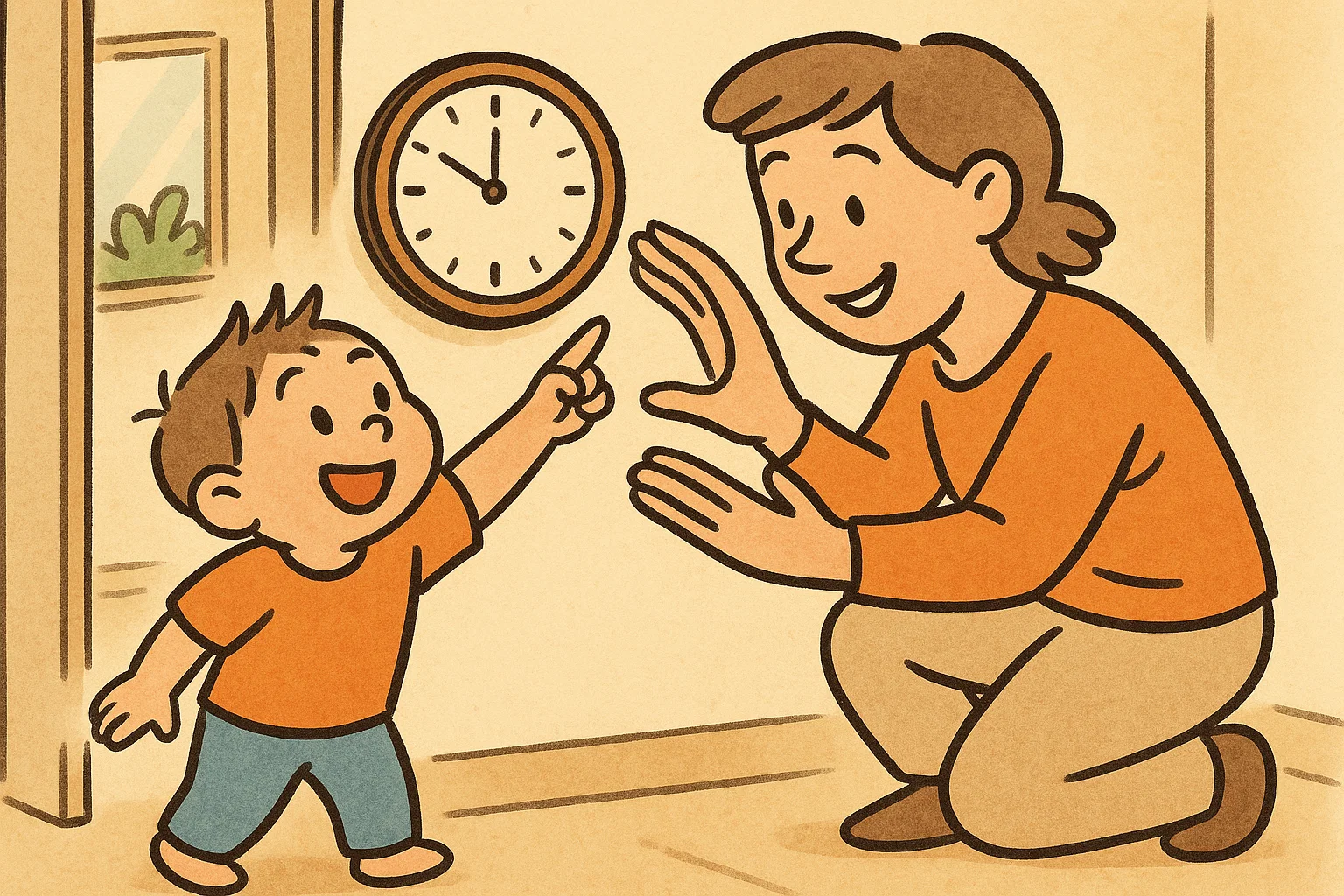 Heartwarming cartoon of a parent and child finding and tracing shapes on a clock and window in a spontaneous learning moment. Heartwarming cartoon of a parent and child finding and tracing shapes on a clock and window in a spontaneous learning moment.