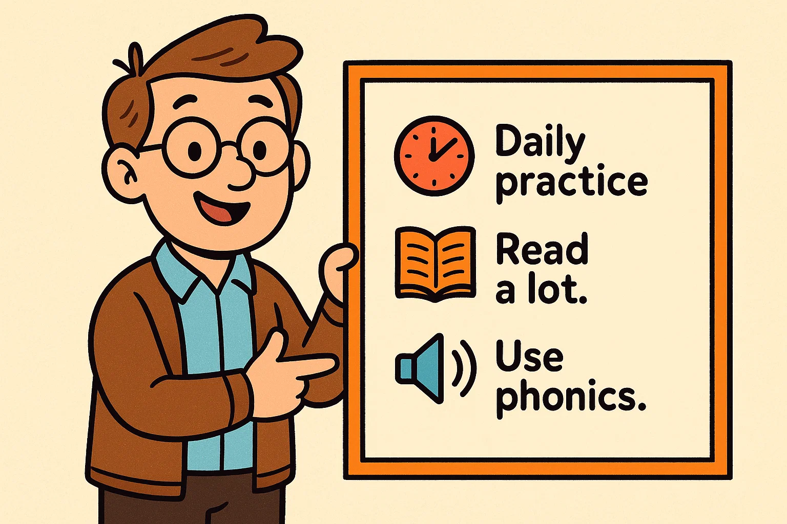 Simple cartoon of a teacher presenting effective sight word teaching tips on a graphic sign.
