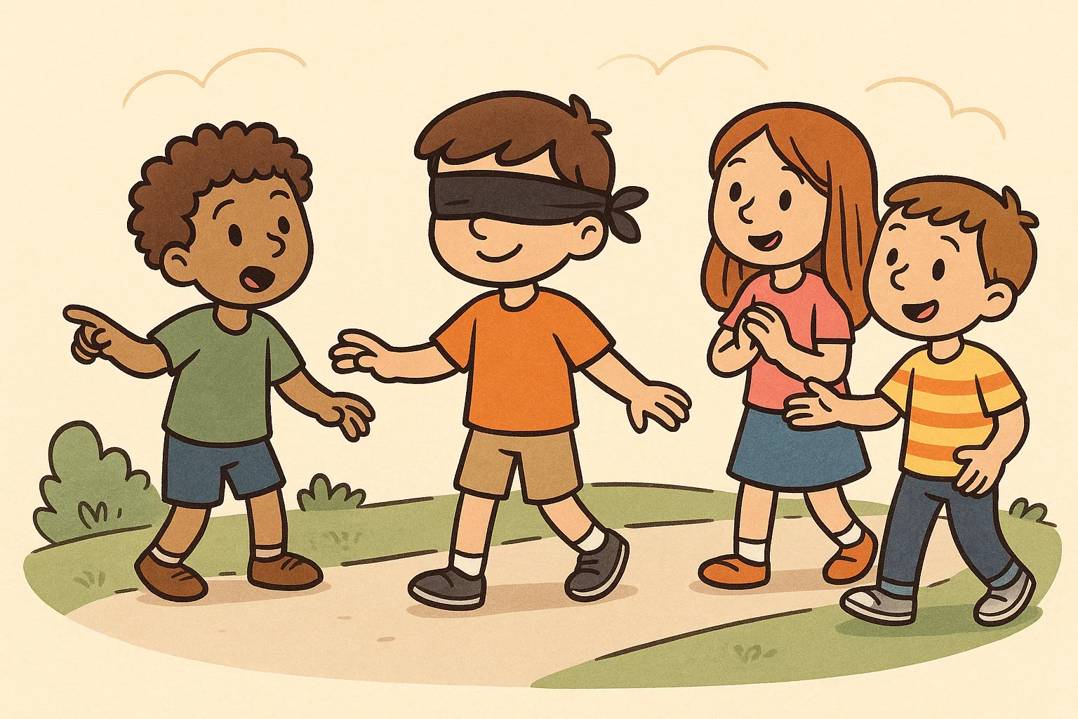 Cartoon of children playing a blindfold game, focusing on trust and verbal communication, a specific team building game.