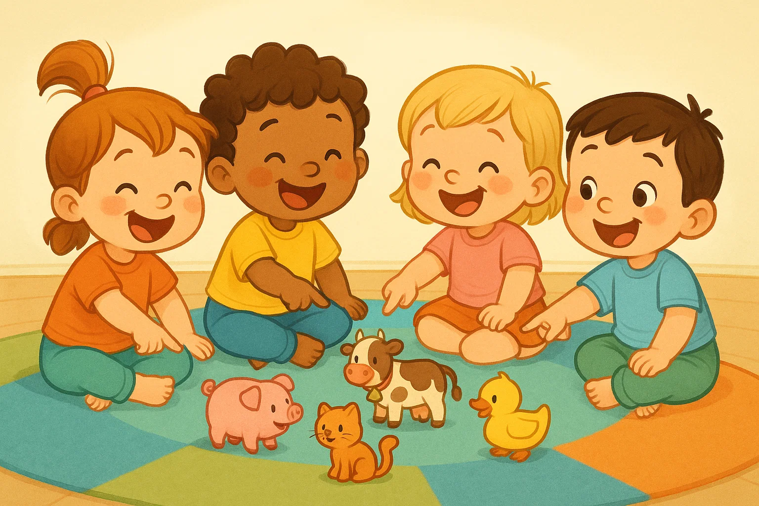 A playful cartoon showing kids learning animal sounds through fun games and activities, fostering developmental skills. A playful cartoon showing kids learning animal sounds through fun games and activities, fostering developmental skills.