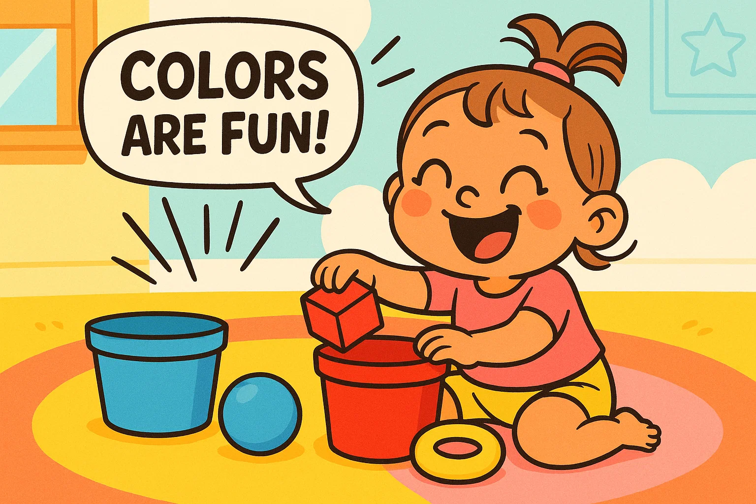 Playful cartoon of a happy toddler sorting colorful objects into matching buckets, emphasizing fun and fast color learning. Playful cartoon of a happy toddler sorting colorful objects into matching buckets, emphasizing fun and fast color learning.