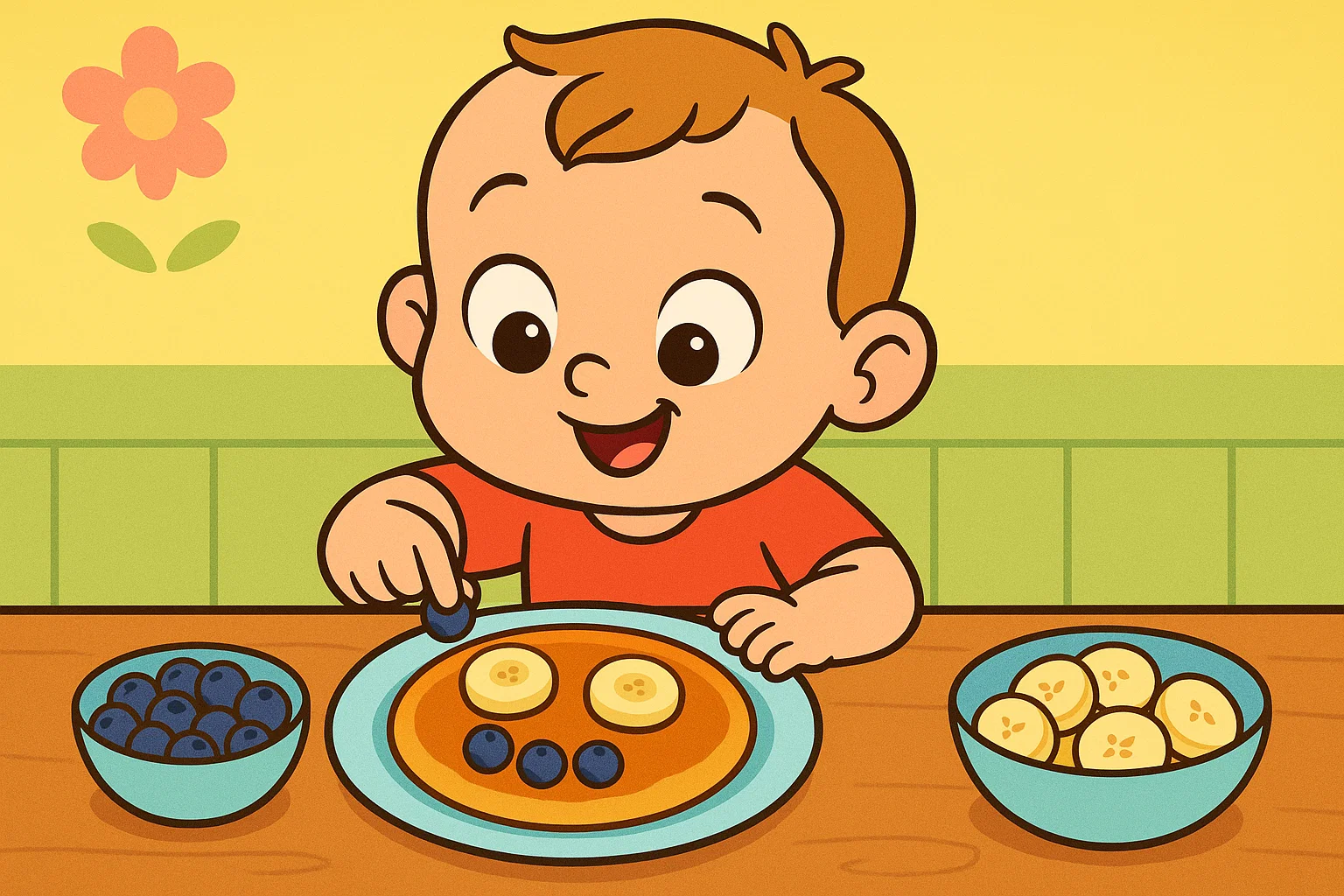 Cute cartoon of a toddler decorating a pancake with fruit to create a funny face, highlighting easy first steps in food play.
