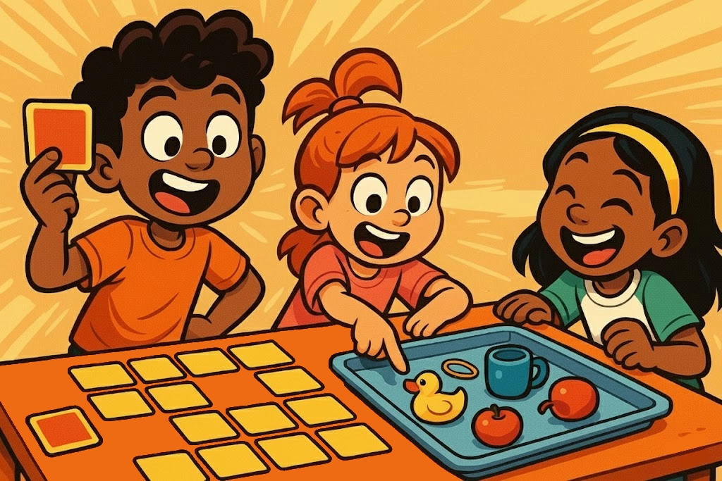 Cartoon of kids playing top memory games: card matching, tray game, and Simon Says, showing diverse activities. Cartoon of kids playing top memory games: card matching, tray game, and Simon Says, showing diverse activities.