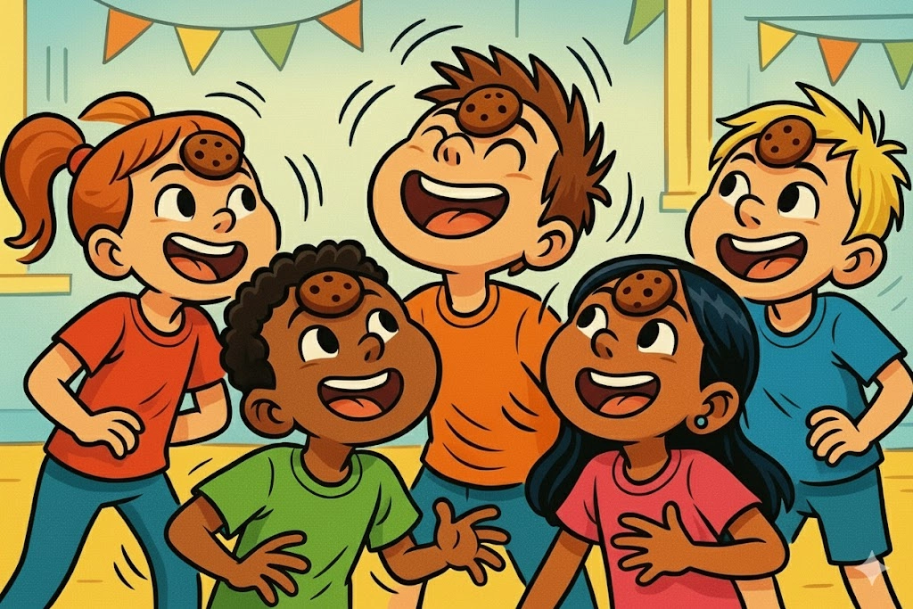 Playful cartoon of five kids with exaggerated expressions doing the "Cookie Face" challenge from the ultimate list of one-minute games.