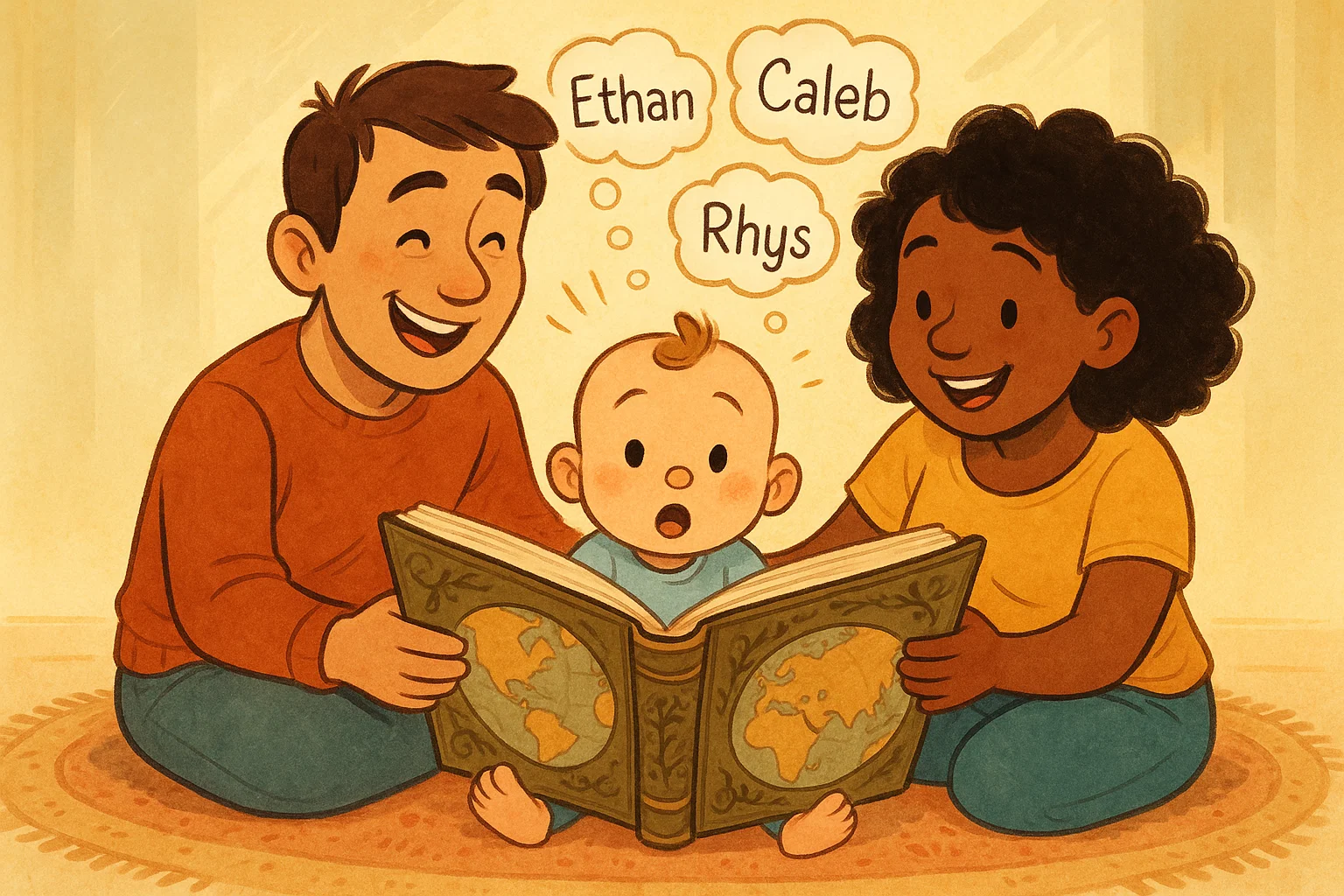 Playful cartoon drawing of a family looking at a book, with floating speech bubbles showing unique boy names like Ethan, Liam, Caleb, Soren, and Rhys. Playful cartoon drawing of a family looking at a book, with floating speech bubbles showing unique boy names like Ethan, Liam, Caleb, Soren, and Rhys.