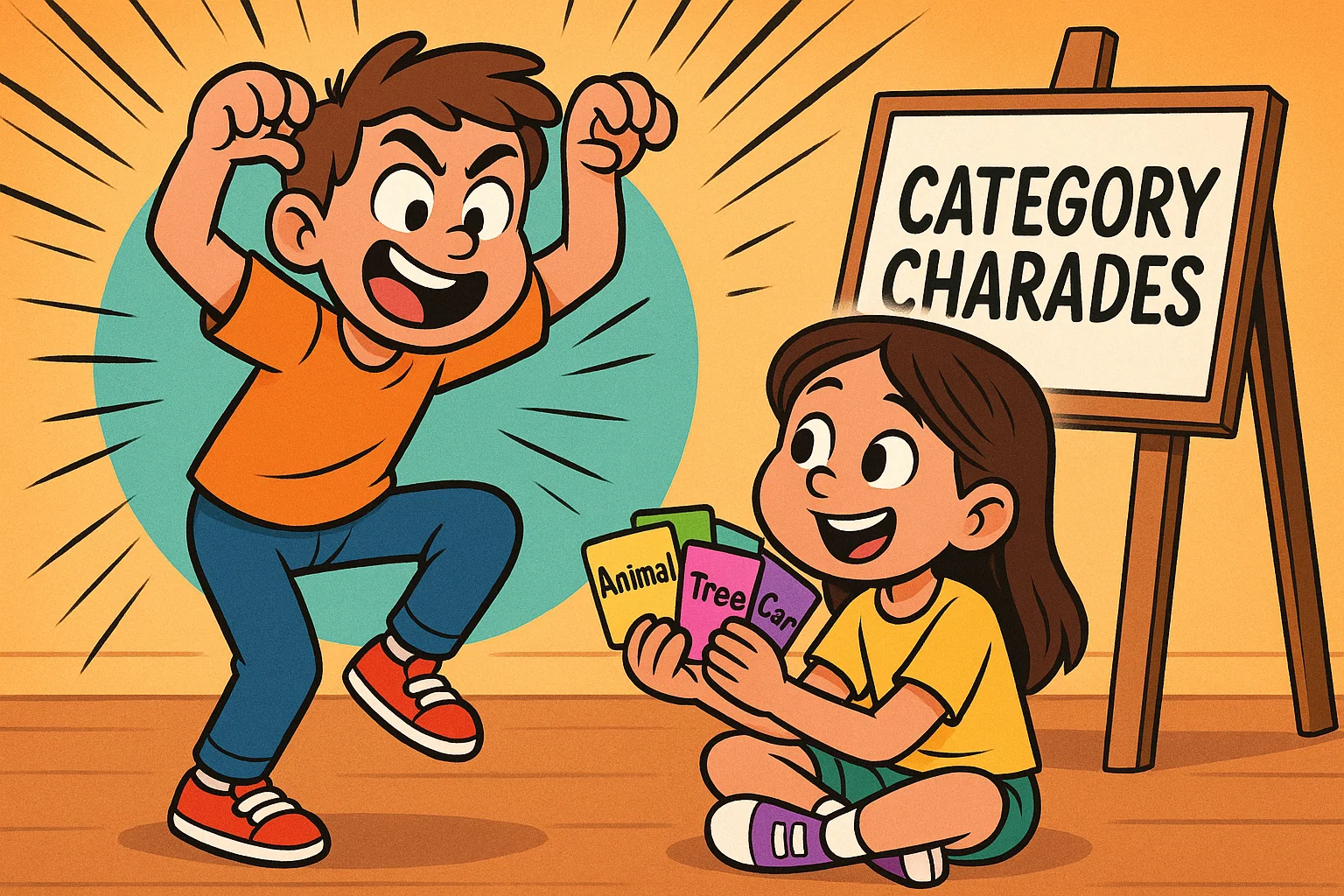 Cartoon illustration of two children playing category charades, actively learning new vocabulary words through play.