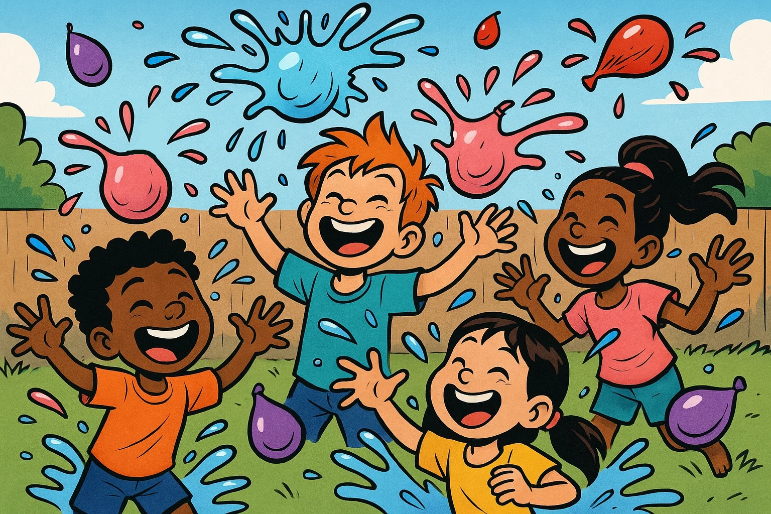 Cartoon kids laughing with exaggerated joy during an ultimate water balloon fight in a sunny backyard.