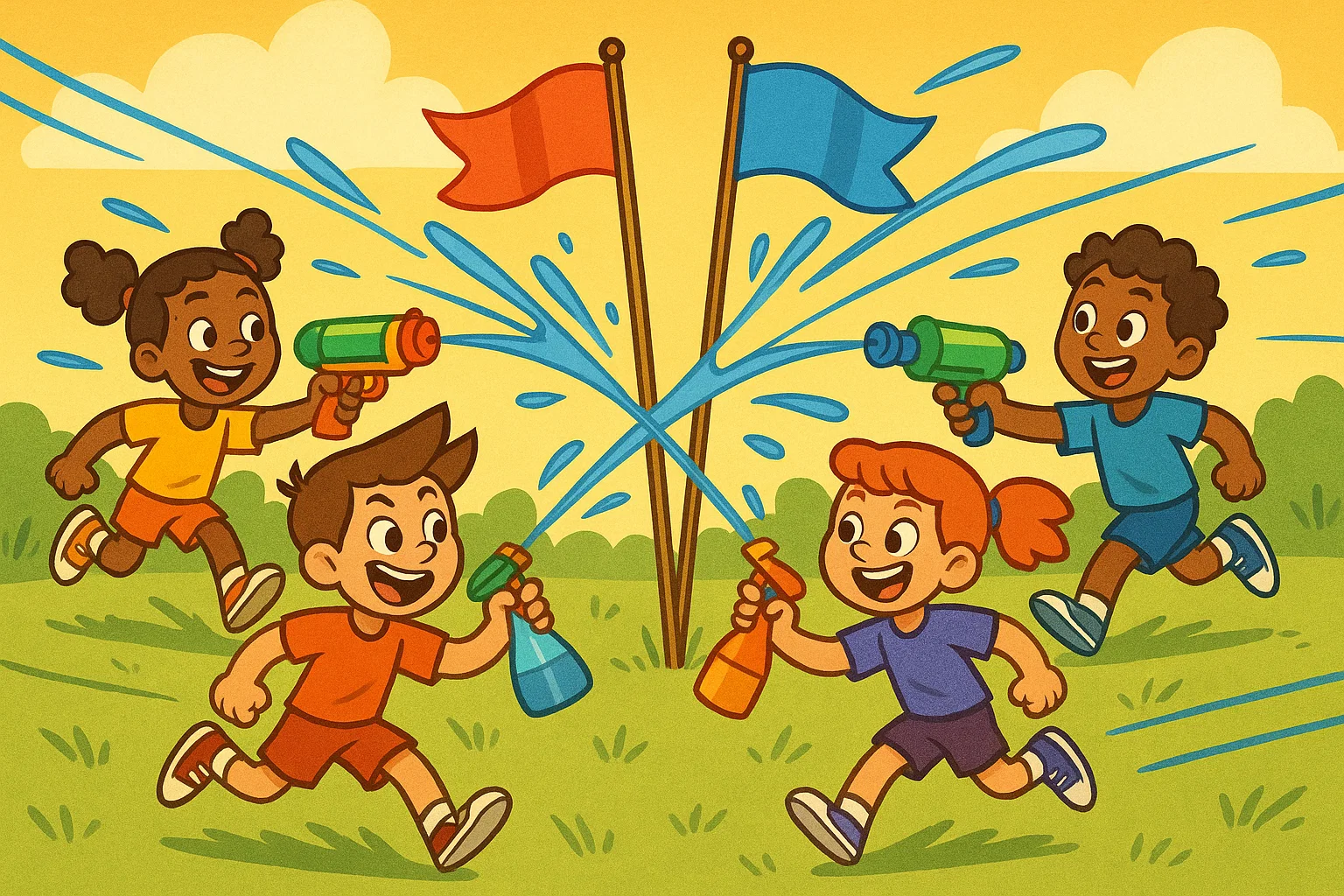 Cartoon illustration of two teams of kids competing in a lively water gun and spray bottle action game.