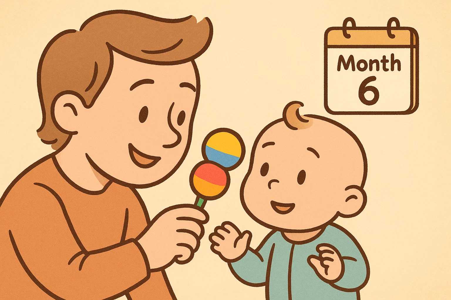 Cartoon of a baby looking at a colorful rattle held by a parent, illustrating the best time to start teaching children colors.