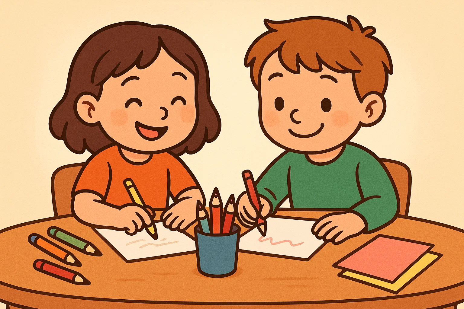 Simple, inviting cartoon showing two children happily engaged in a quiet writing activity, highlighting positive learning and creativity. Simple, inviting cartoon showing two children happily engaged in a quiet writing activity, highlighting positive learning and creativity.