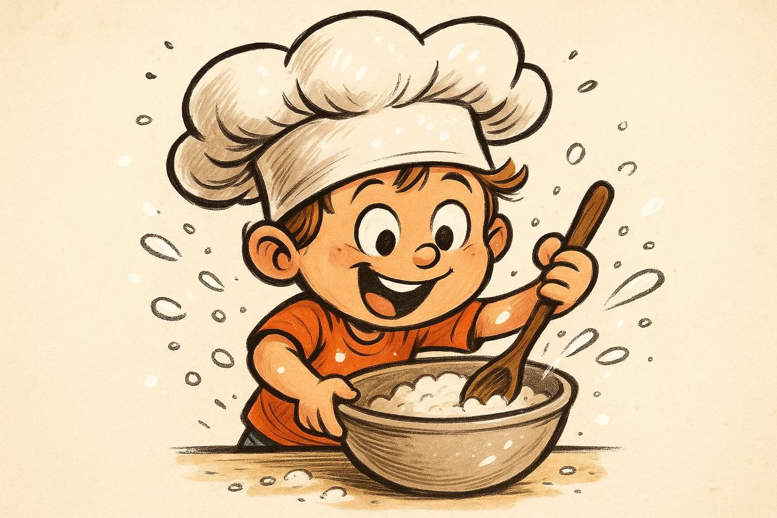 Cartoon of a young child enthusiastically stirring a mixing bowl, representing simple, hands-on cooking games for learning.