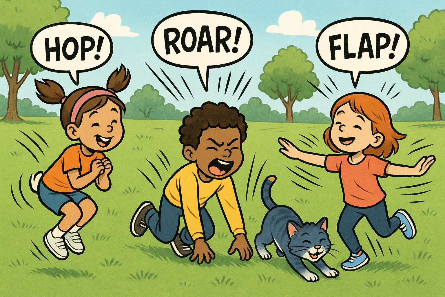Kids enjoying active outdoor animal games by hopping, flapping and running like animals.