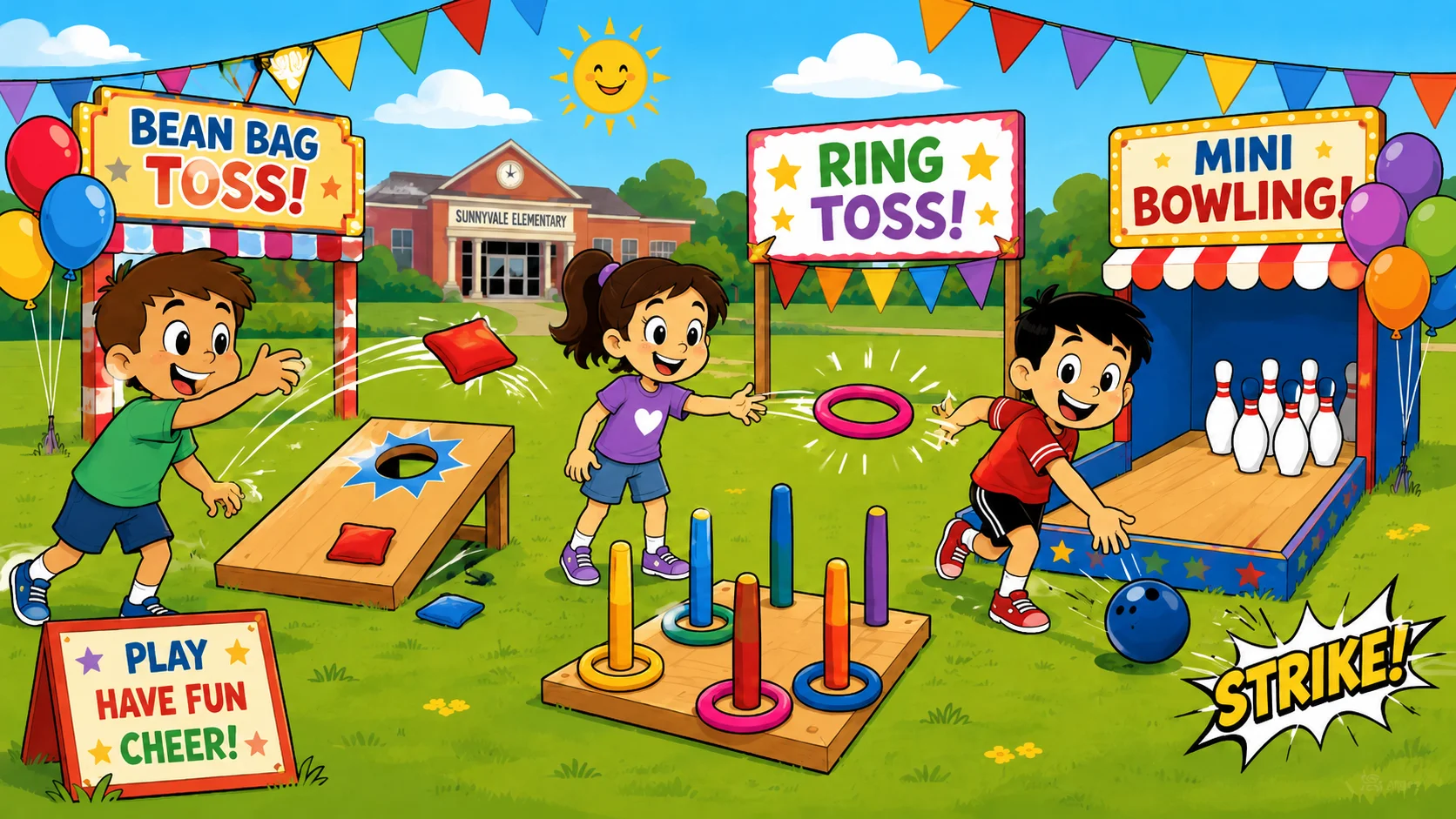 Active outdoor carnival games for kids on sunny school field.