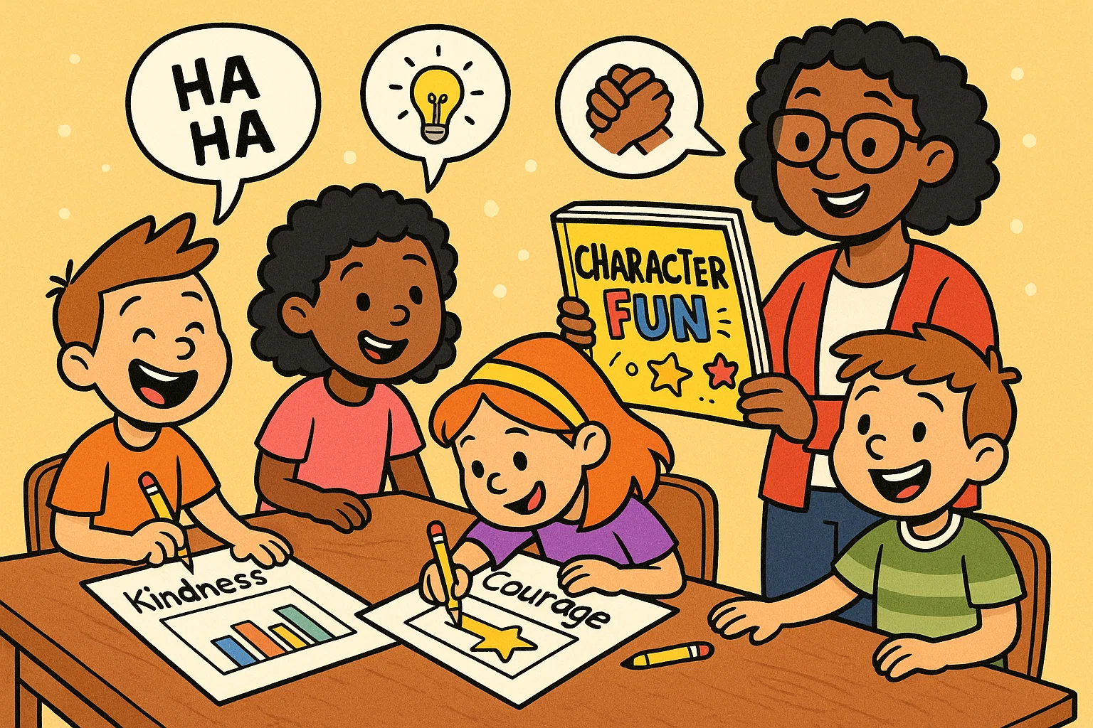 Cartoon kids learning character traits with worksheets and group activities. Cartoon kids learning character traits with worksheets and group activities.