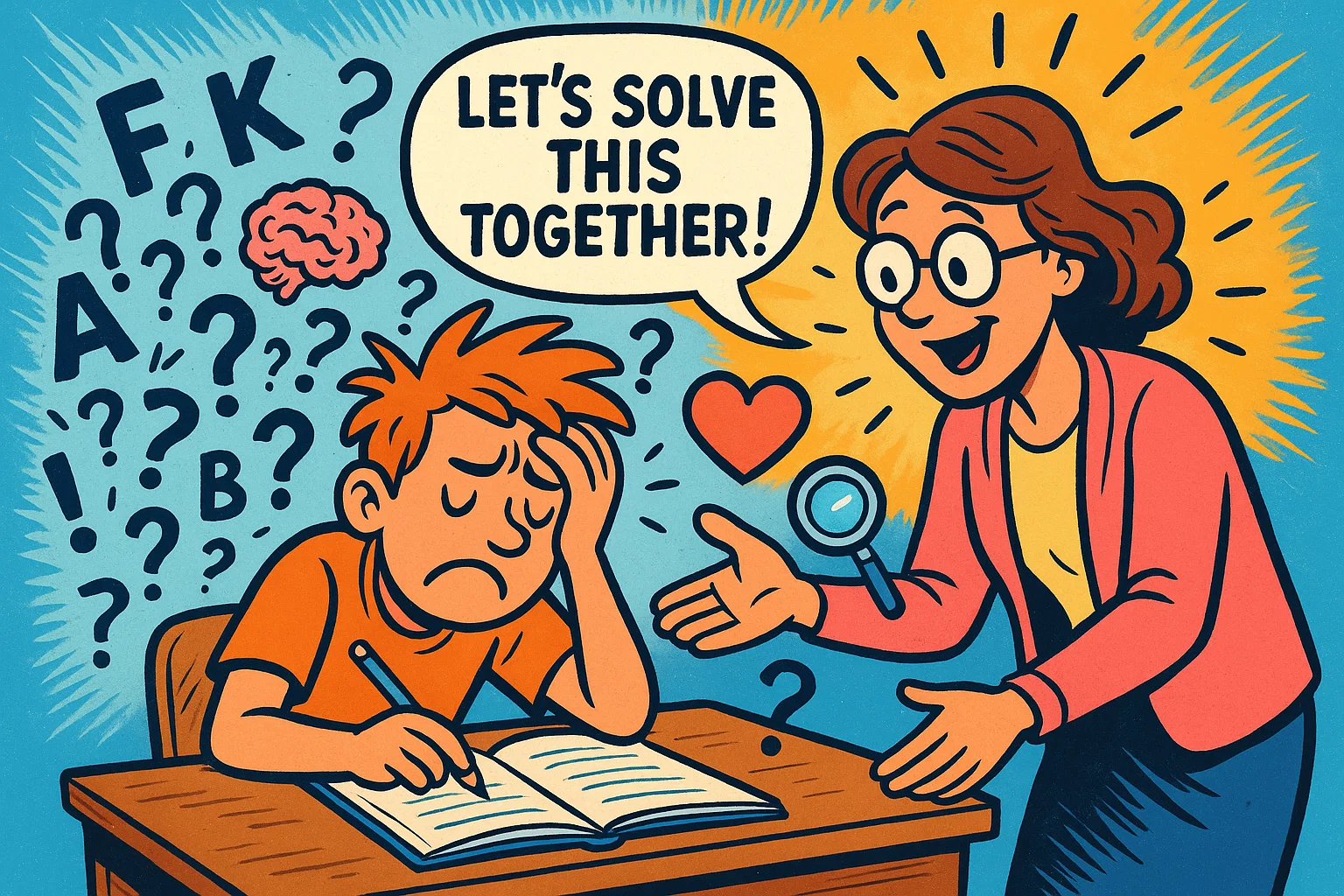 Cartoon teacher helping student address common reading challenges in class. Cartoon teacher helping student address common reading challenges in class.