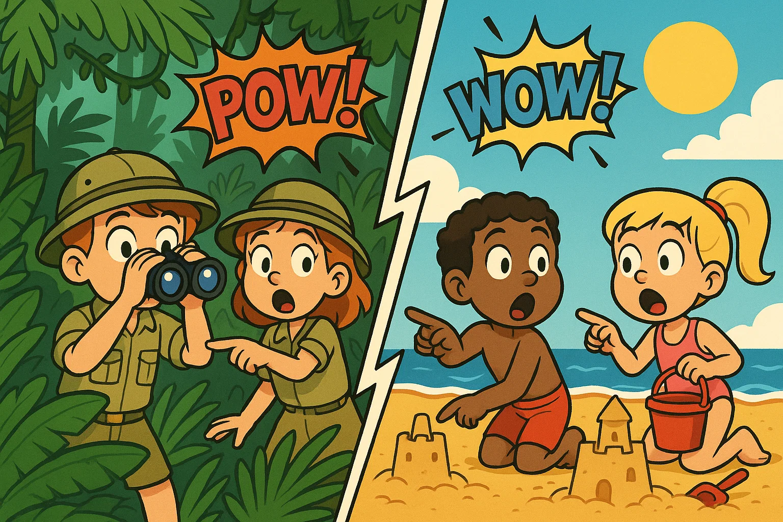 Kids choosing beach or jungle adventure in travel this or that questions cartoon. Kids choosing beach or jungle adventure in travel this or that questions cartoon.
