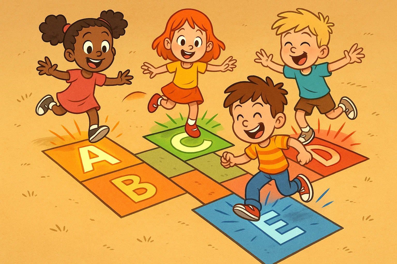 Cartoon kids playing handwriting game alphabet hopscotch with letter hop grid. Cartoon kids playing handwriting game alphabet hopscotch with letter hop grid.