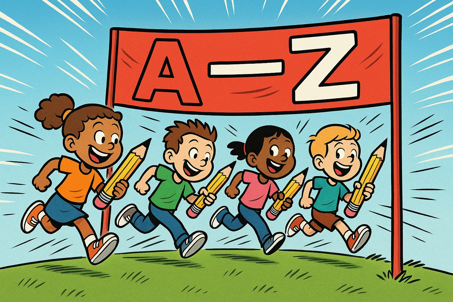 Cartoon children playing handwriting game alphabet race with A to Z finish line. Cartoon children playing handwriting game alphabet race with A to Z finish line.