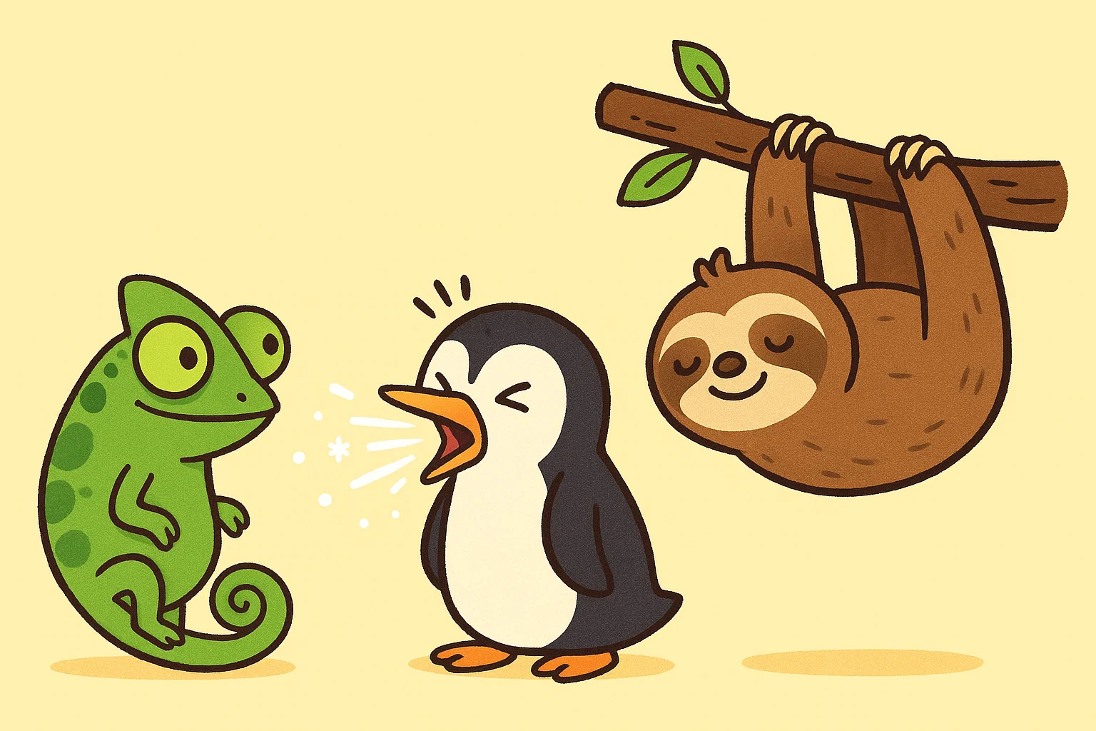 A fun cartoon showing a chameleon with independent eyes, a penguin sneezing salt, and a very relaxed sloth hanging from a branch.