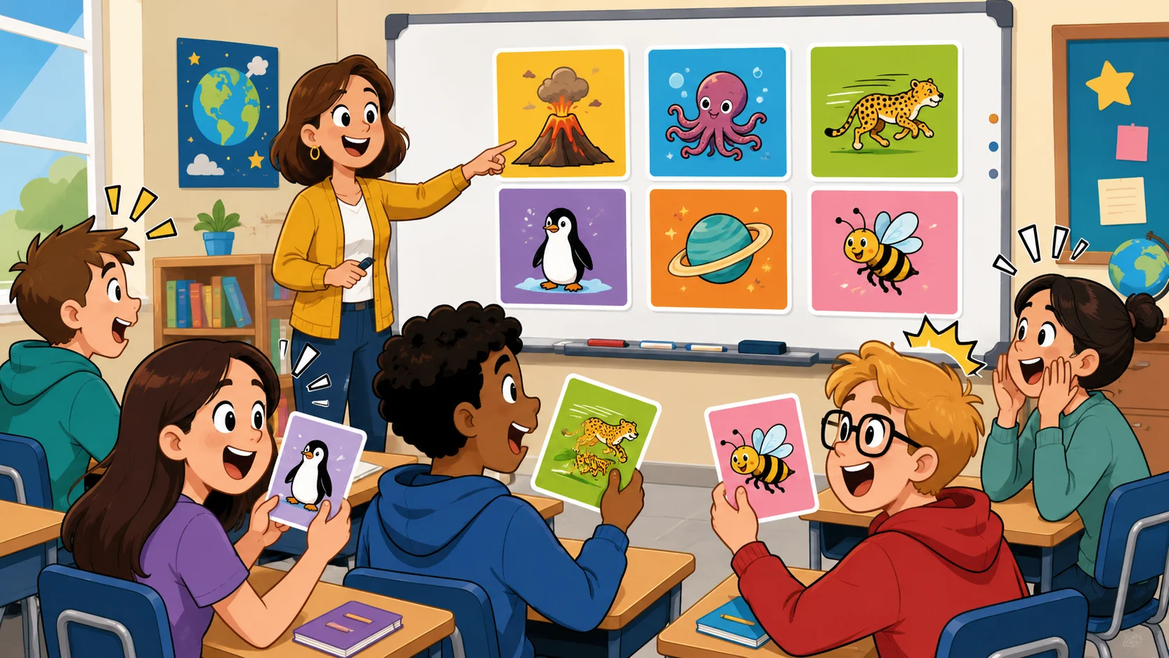 Amazing fun facts for middle schoolers in a bright classroom with colorful cards.  
