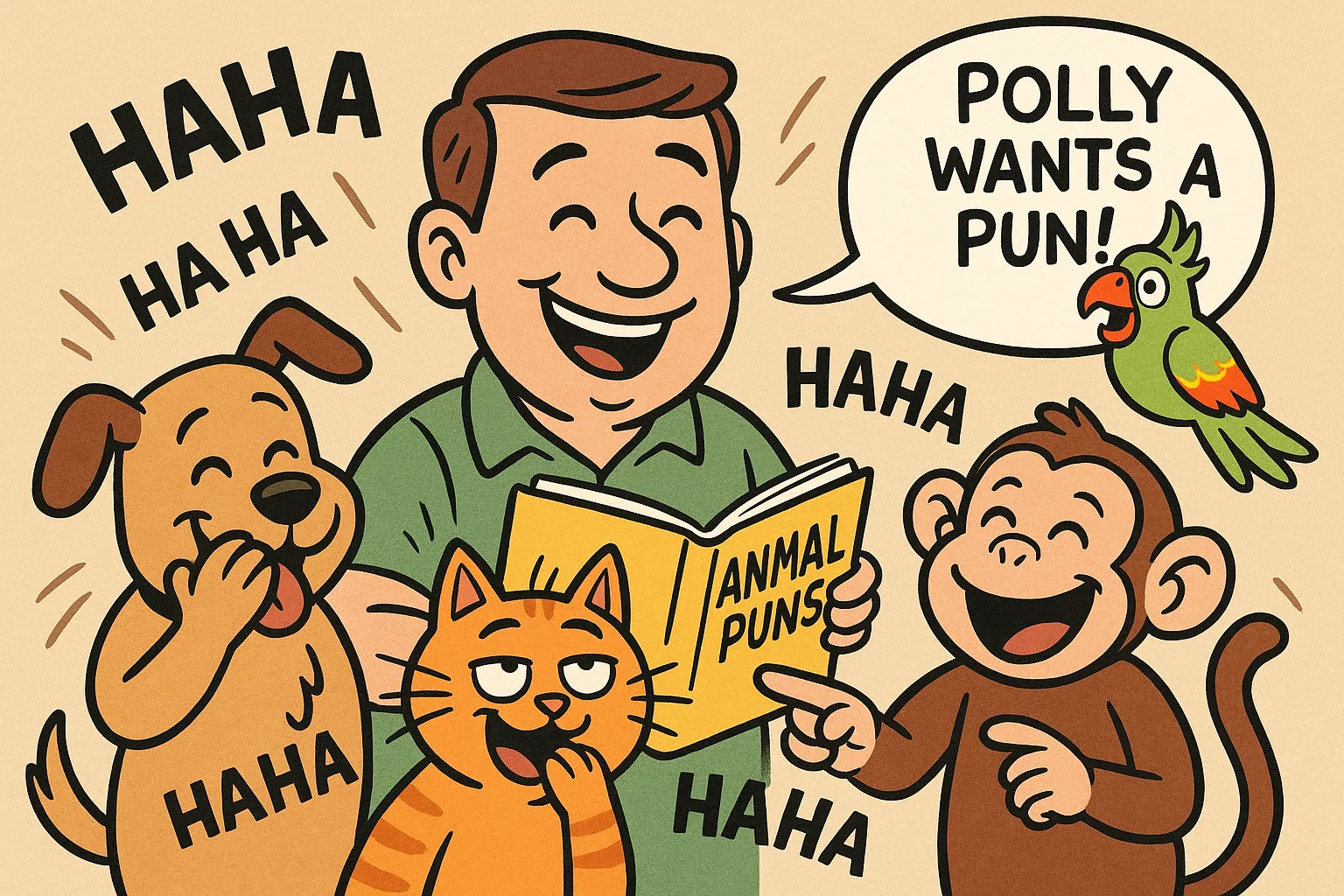Cartoon animals and kids laughing at funny animal dad jokes. Cartoon animals and kids laughing at funny animal dad jokes.