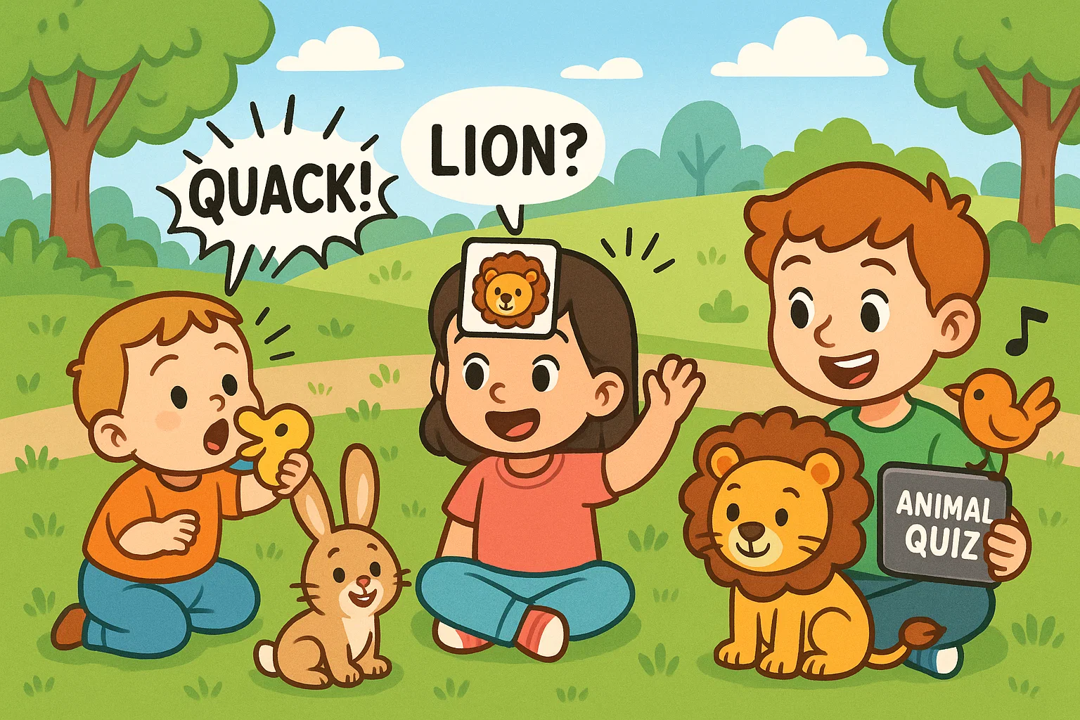 Children of different ages playing animal learning games suitable for each age group.