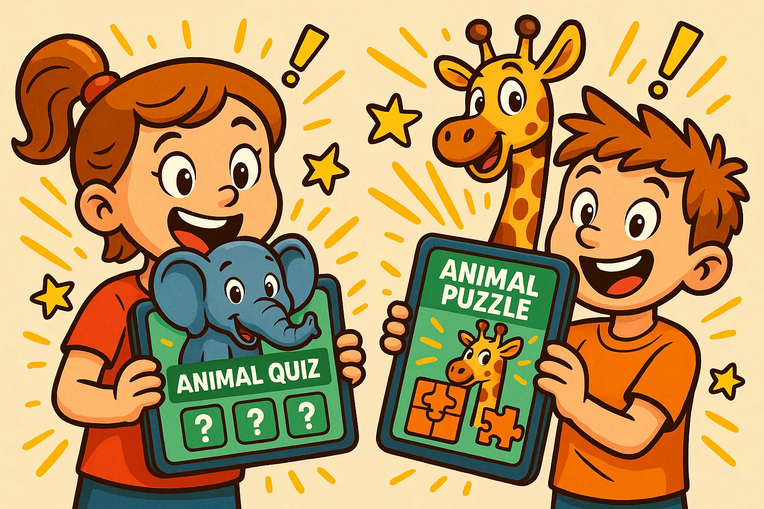 Children learning animals with digital tools through quiz apps and interactive puzzles.