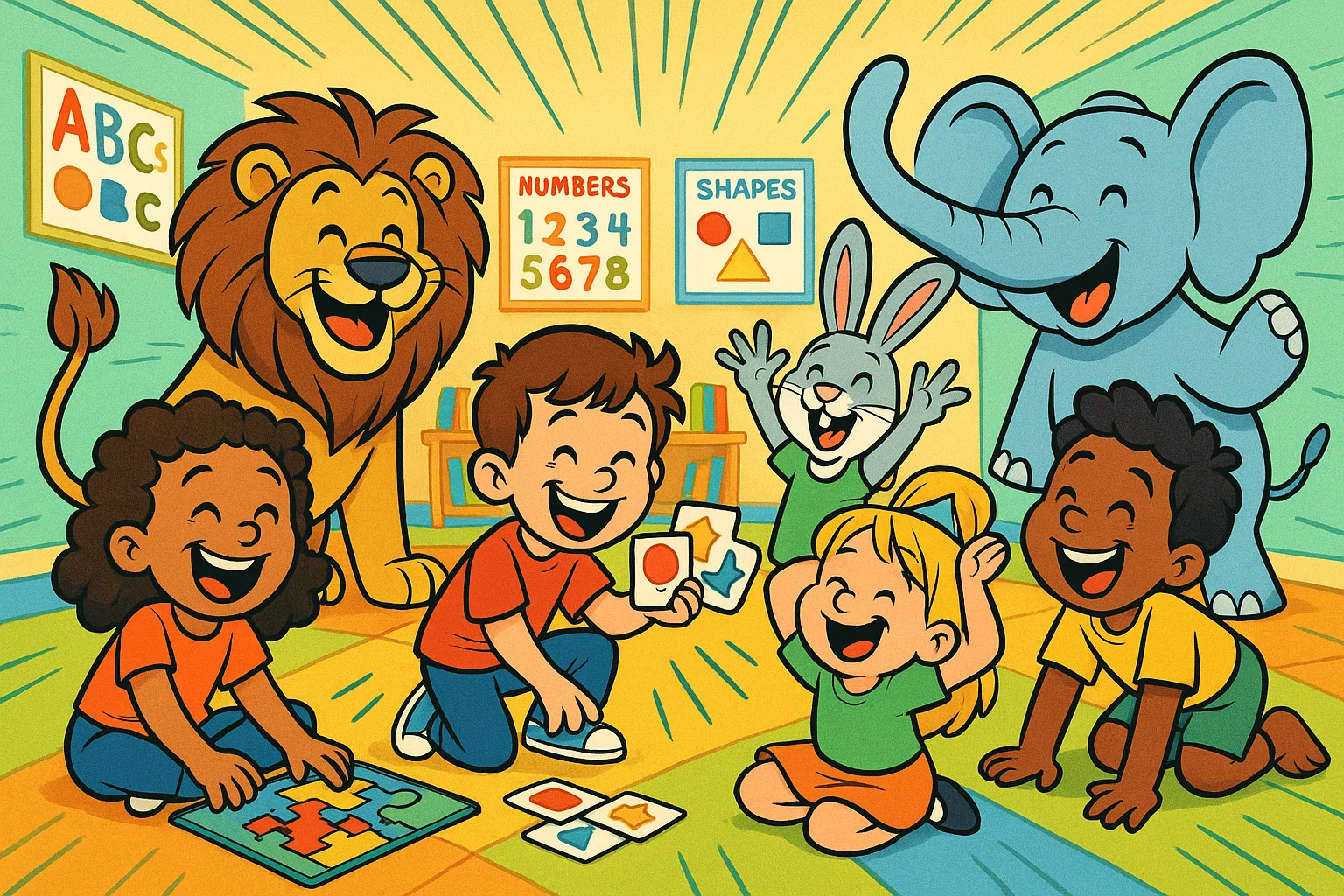 Children playing animal learning games with puzzles, cards and role-play activities.