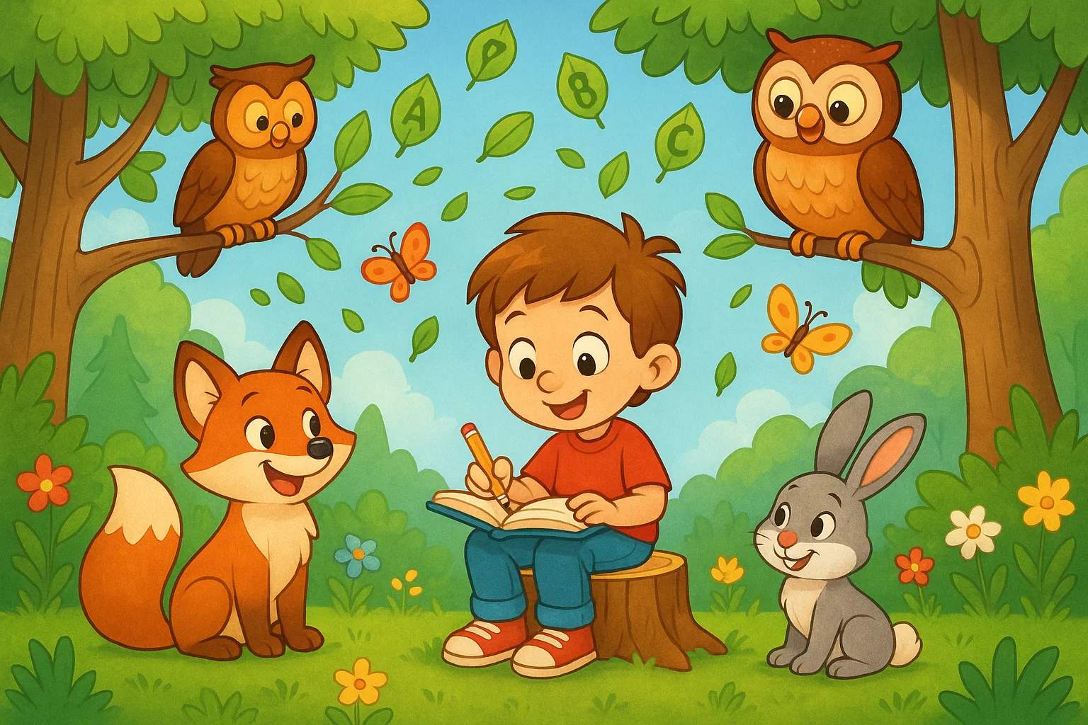 Child writing animal and nature prompts with forest animals in bright colors.
