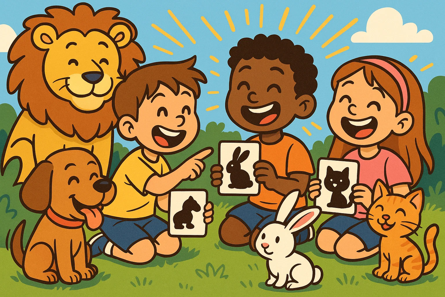 Children playing animal riddles for 8 year olds with cartoon pets and wild animals.