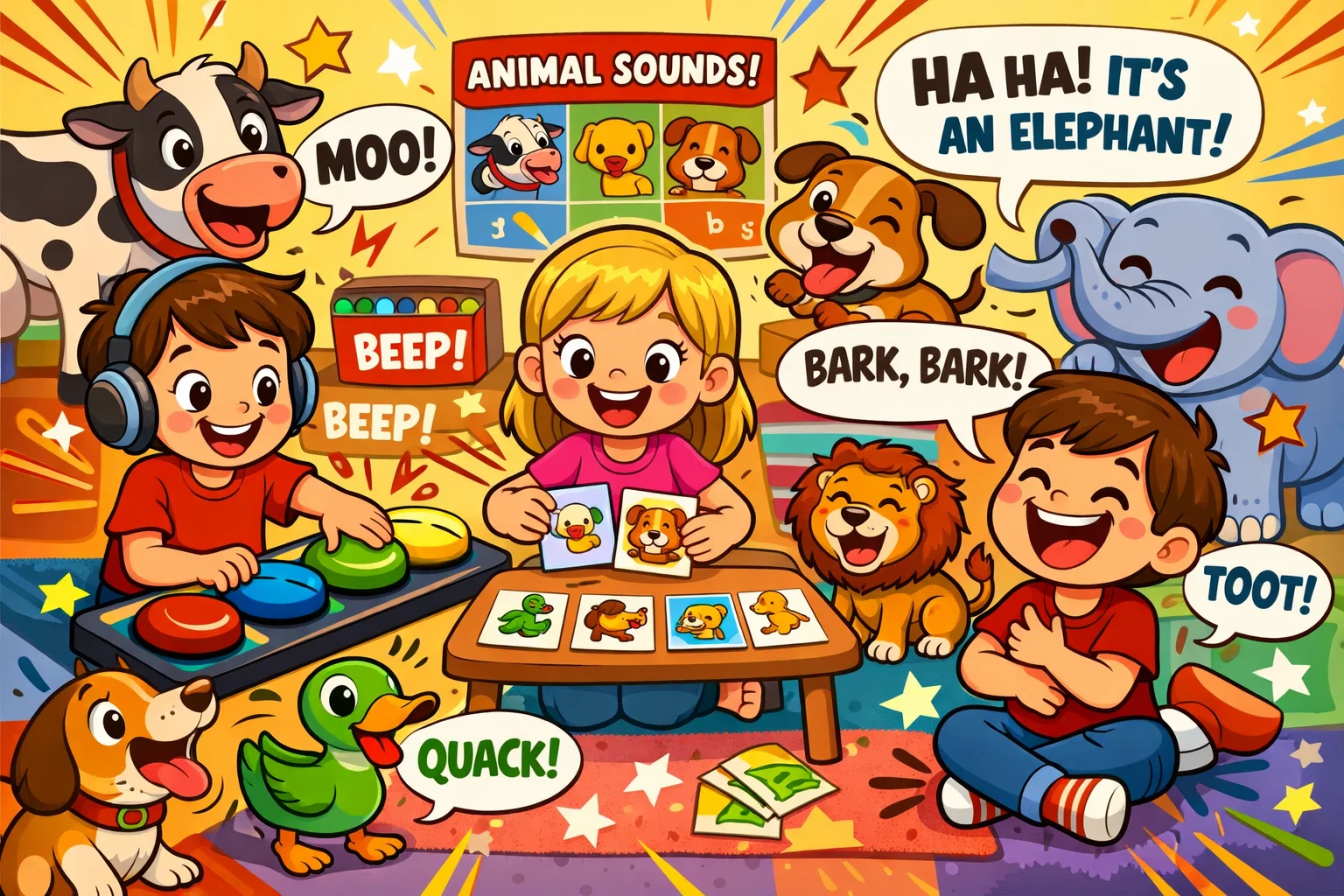 Animal sound games for kids with children guessing and playing with cartoon animals.