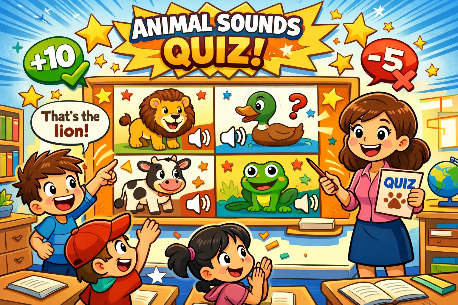 Animal sounds quiz for kids with cartoon classroom and animal sound challenge.
