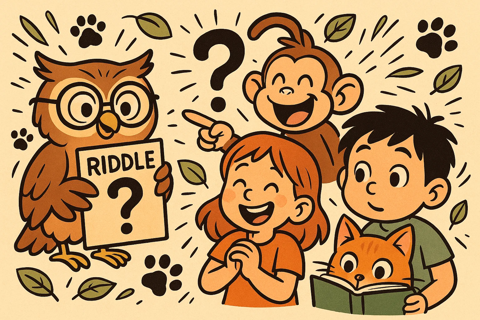 Kids solving animal tricky questions with funny animals giving clues. Kids solving animal tricky questions with funny animals giving clues.