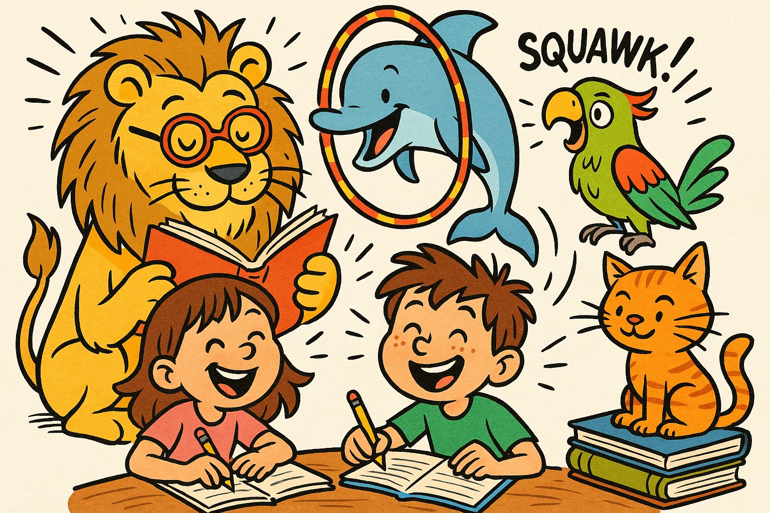 Cartoon of 2nd grade kids writing animal prompts with creative animal characters. Cartoon of 2nd grade kids writing animal prompts with creative animal characters.