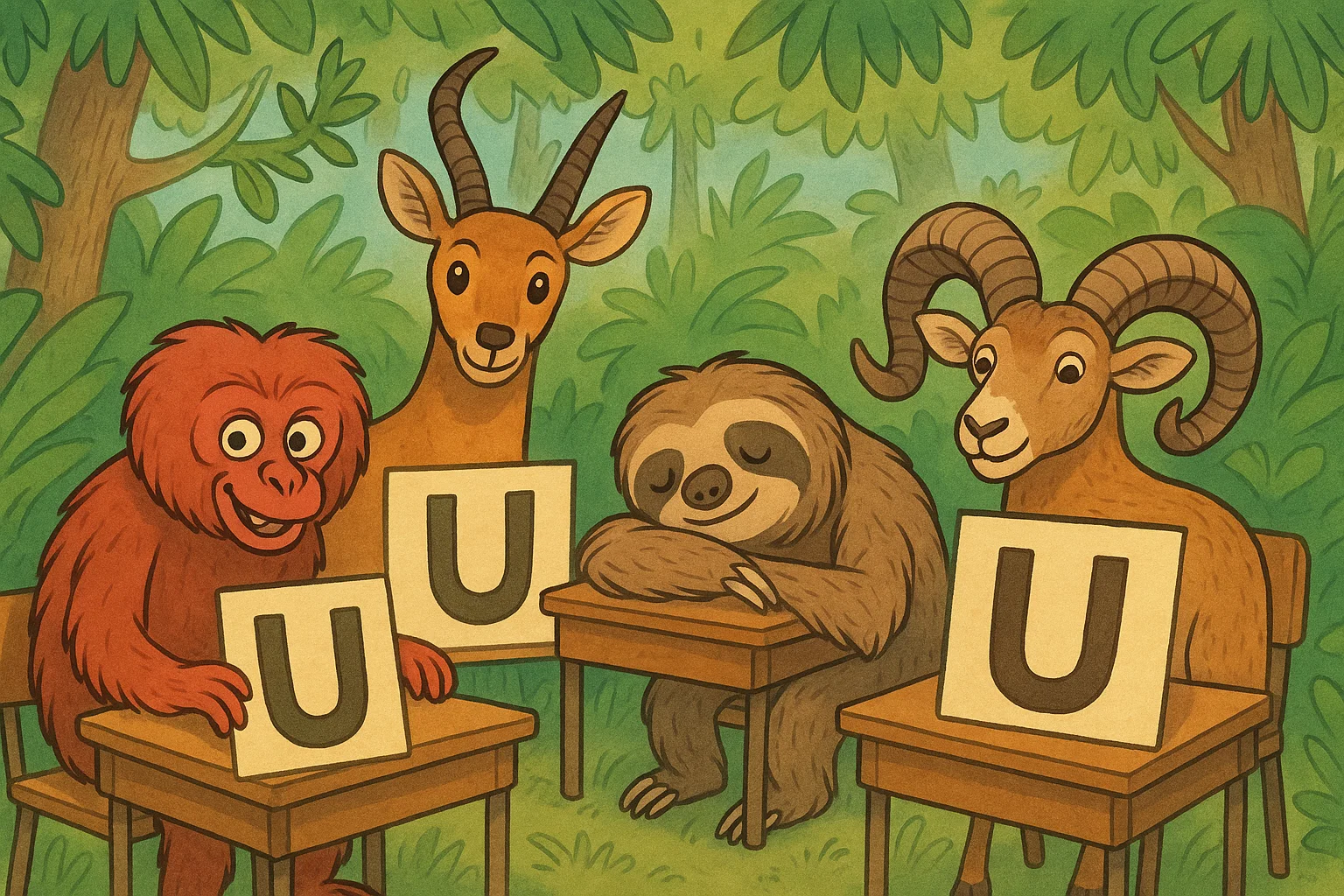 Cartoon animals that start with U in a fun classroom scene. Cartoon animals that start with U in a fun classroom scene.