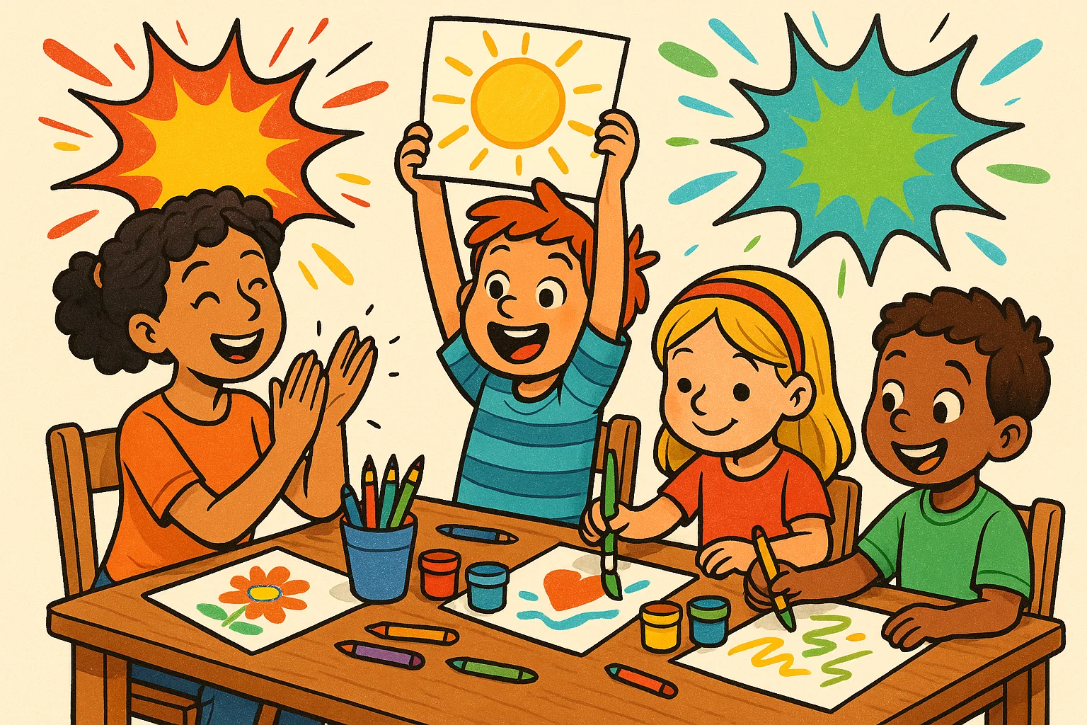 Babysitting art corner activity with children drawing and painting together.