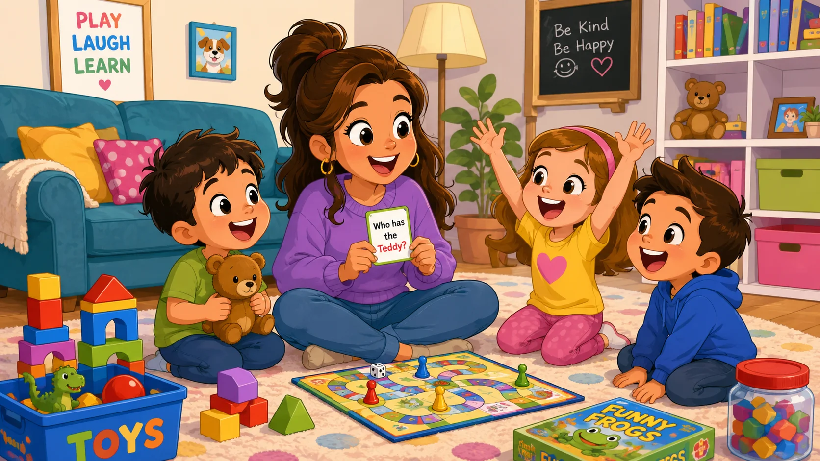 Babysitting games with kids and a friendly babysitter in a cozy living room.