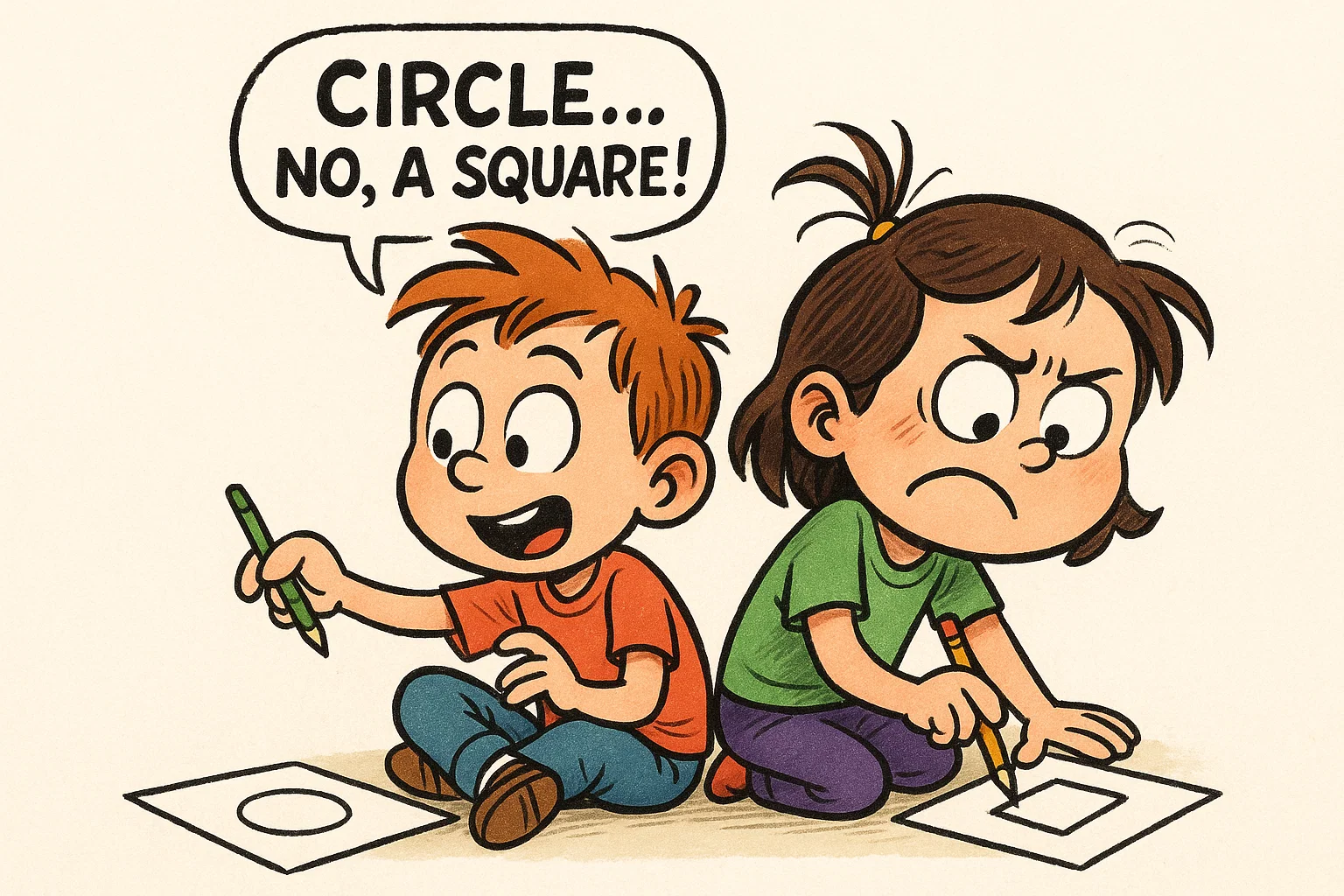 Children playing back to back drawing game to practice patience and communication.