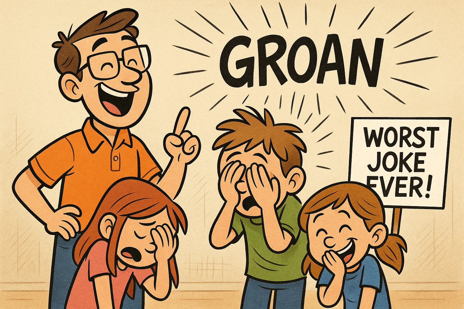 Cartoon dad making kids groan with silly bad dad jokes. Cartoon dad making kids groan with silly bad dad jokes.