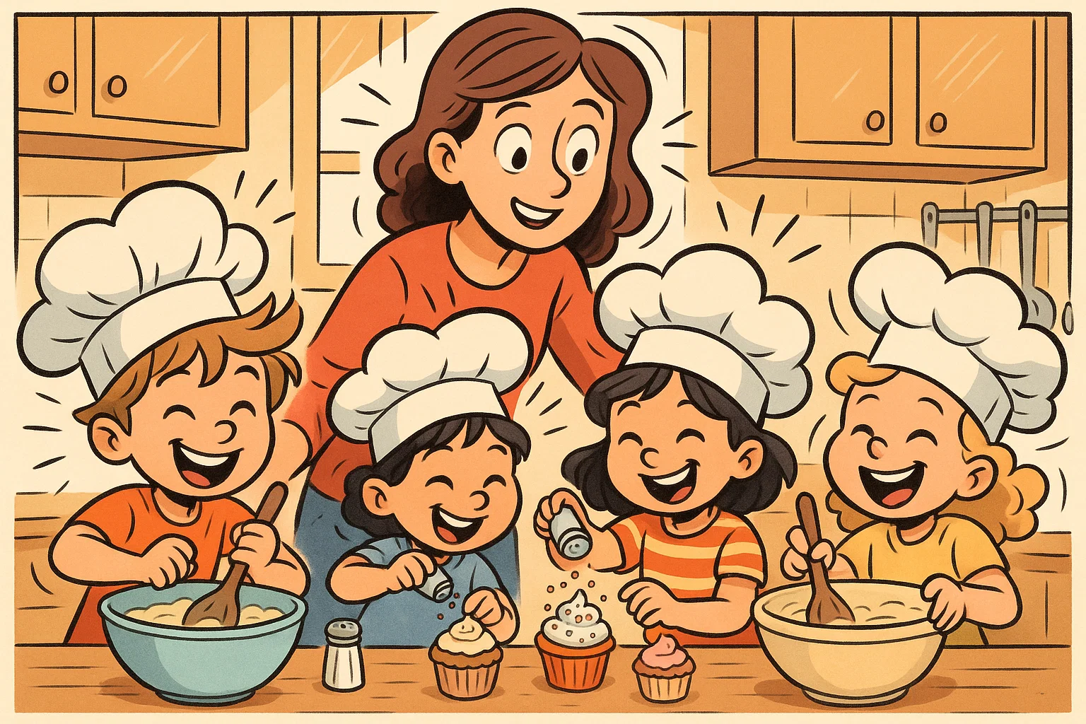 Babysitting baking activity with kids decorating cupcakes in the kitchen.