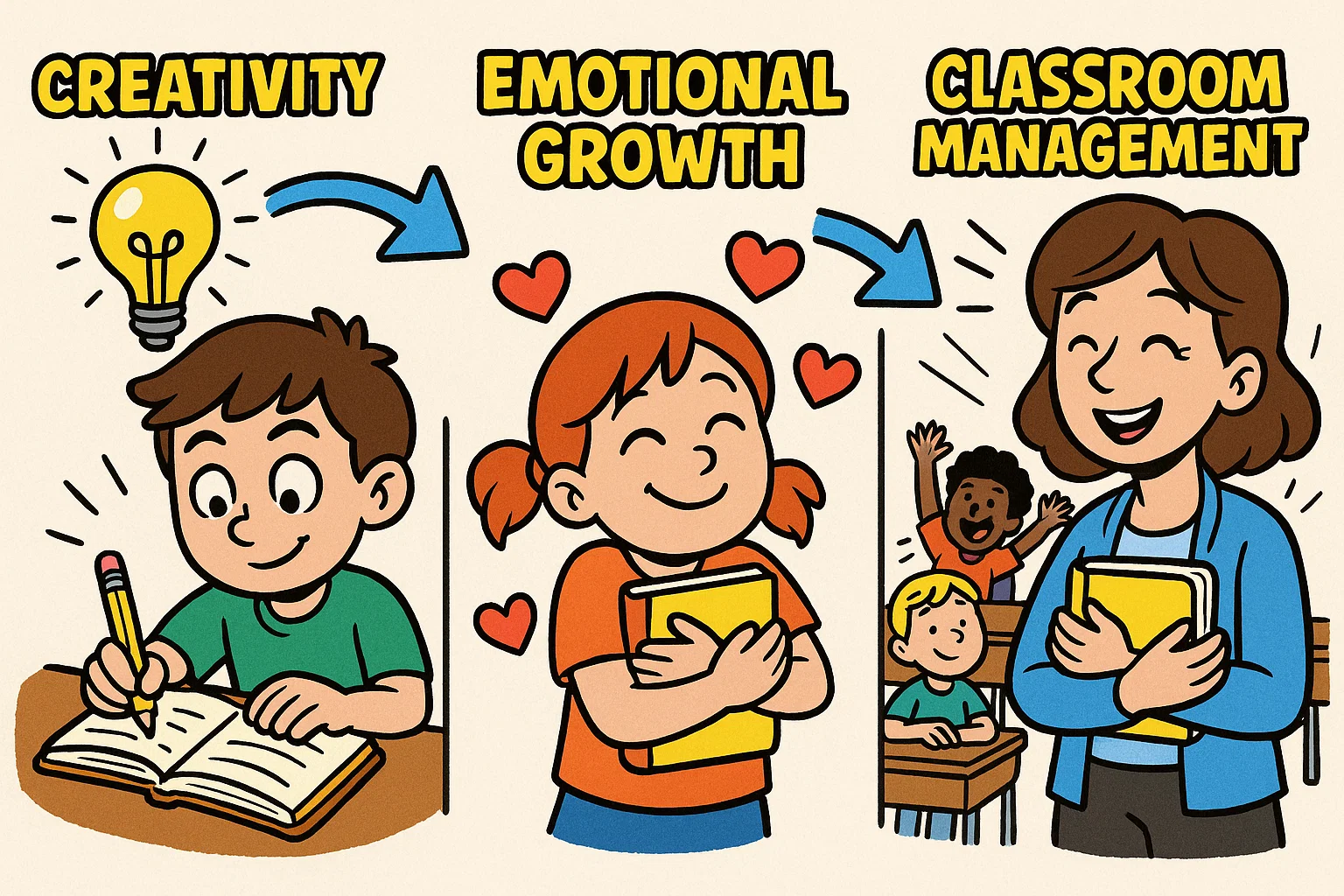 Cartoon infographic of benefits of 4th grade journal prompts for creativity and growth.