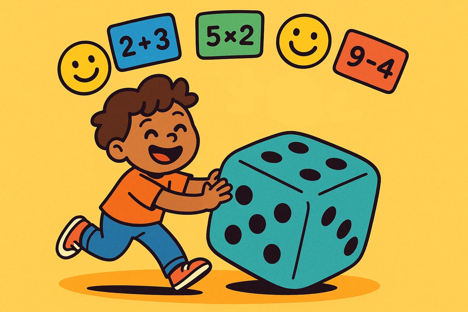 Cartoon image of a child happily rolling a die, with math problems turning into emojis to show learning benefits.
