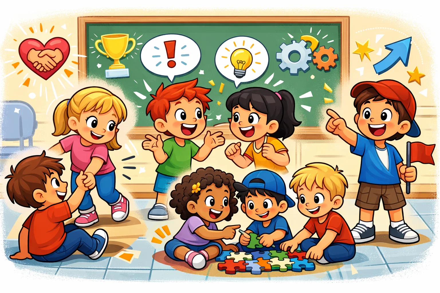 Benefits of team building games for children shown in cooperative floor puzzle activity.
