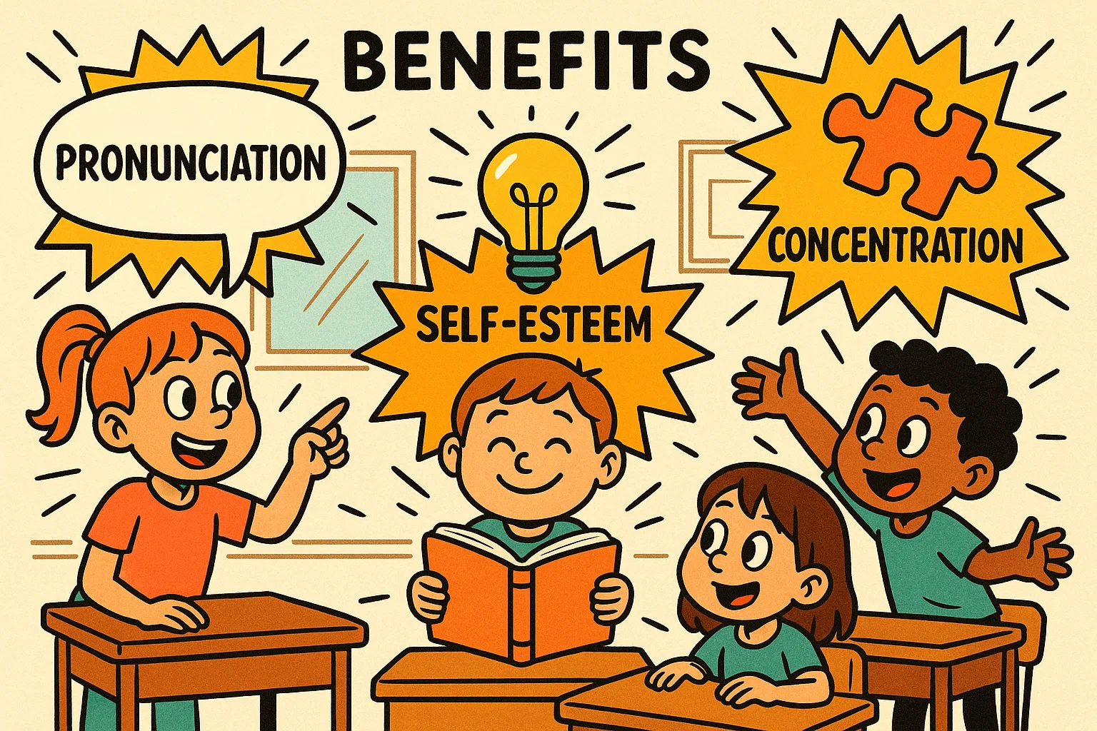 Benefits of tongue twisters for kids with icons for speech memory and confidence. Benefits of tongue twisters for kids with icons for speech memory and confidence.