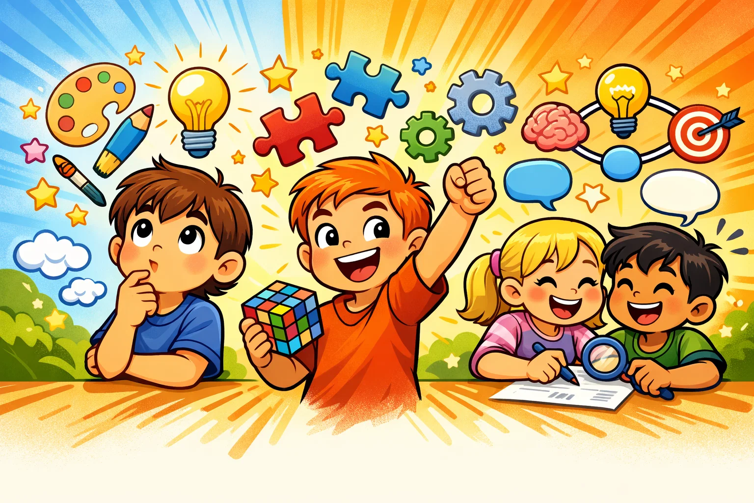 Benefits of riddles for 8 year olds shown through teamwork and confident thinking. 
