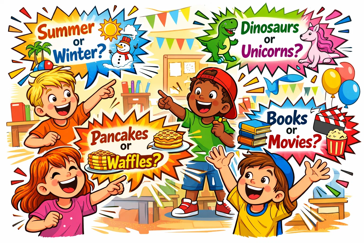 Best this or that questions for kids with children reacting to fun choice bubbles.
