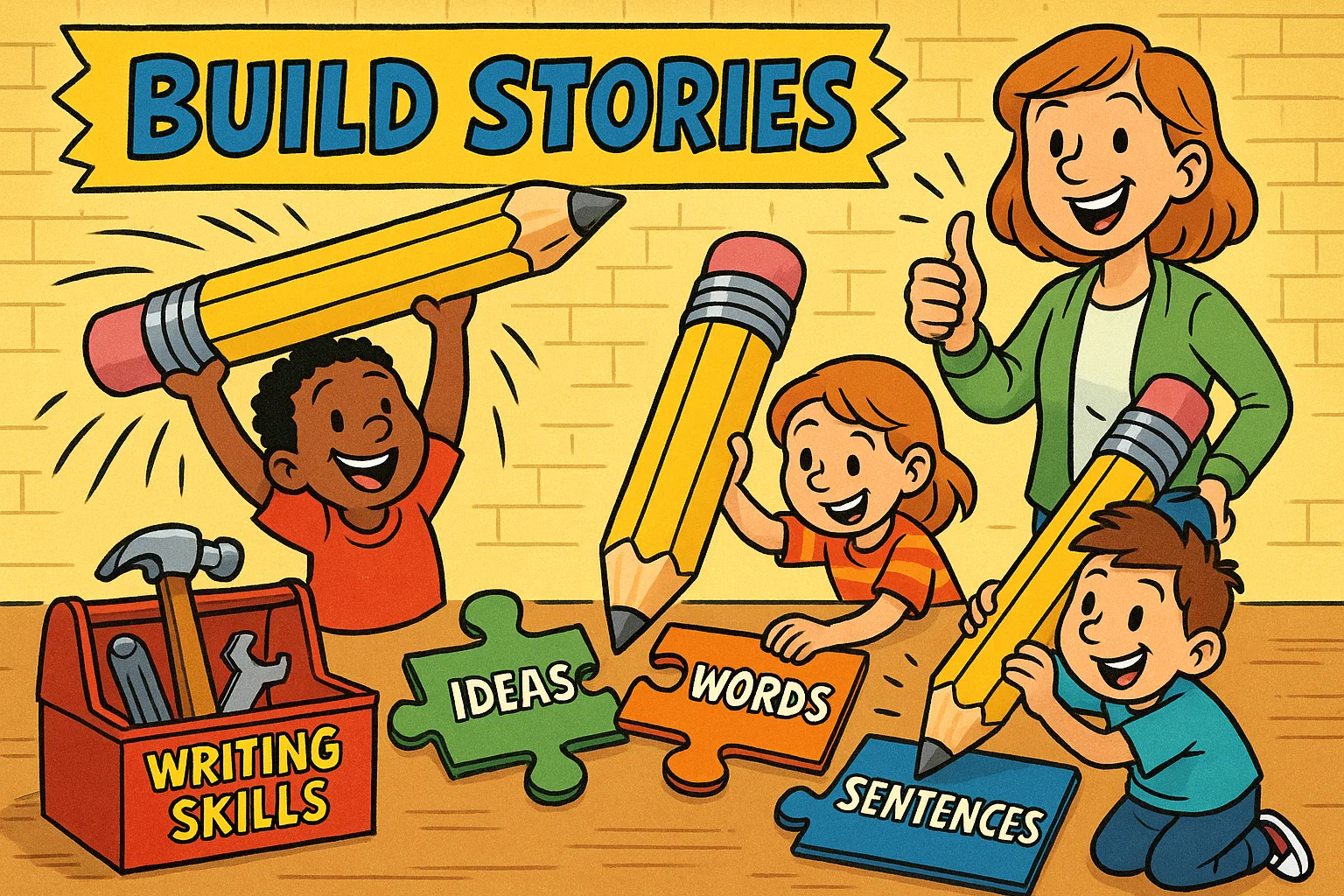 Cartoon of 2nd grade writing skills building with classroom tools and playful kids. Cartoon of 2nd grade writing skills building with classroom tools and playful kids.